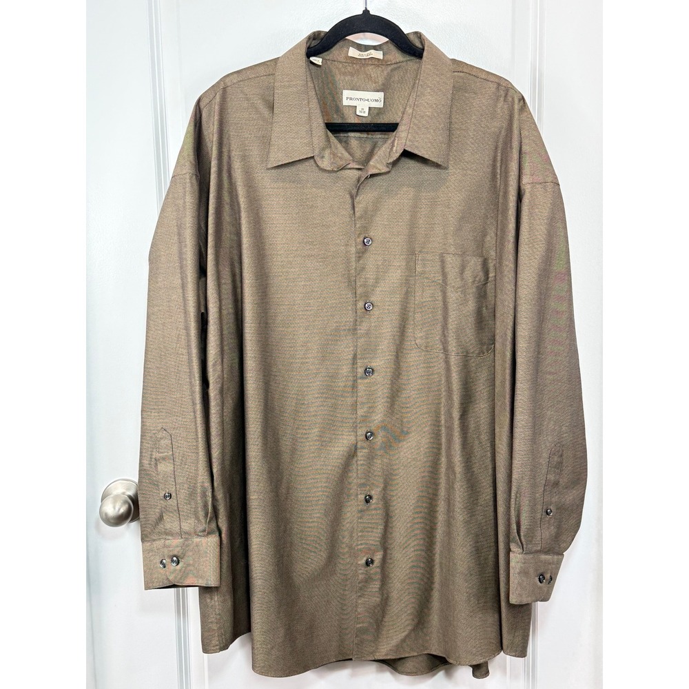 VTG Pronto Uomo Mens Brown Non-Iron 80s 2-Ply Long Sleeve Dress Shirt 20 34/35
